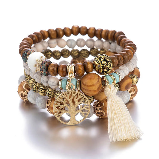 4-teiliges Boho-Armband mit Holzperlen